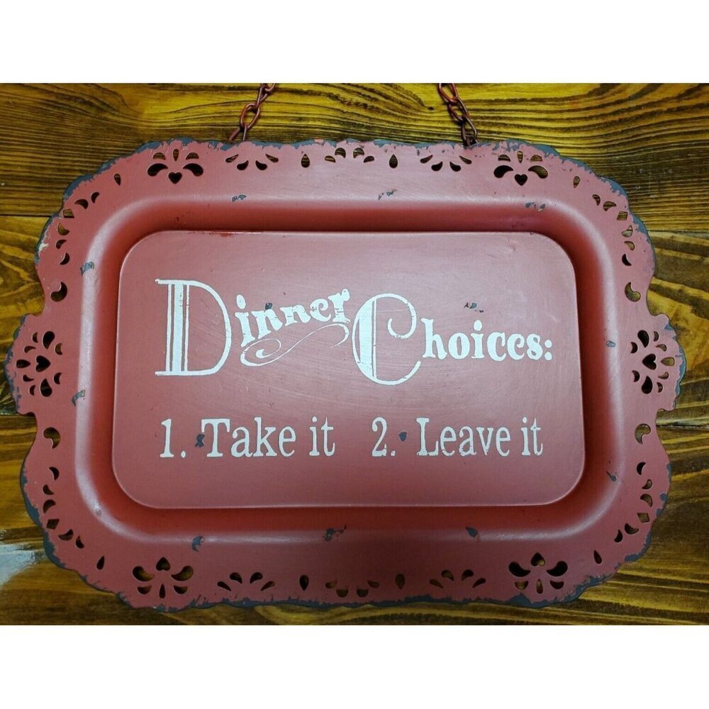 Red Hanging tray Rustic Country kitchen Distressed Metal White Letters - Picture 2 of 5